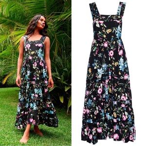 MISA • Anthropologie Aurelia Flouncy Floral Midi Dress maxi black floral linen